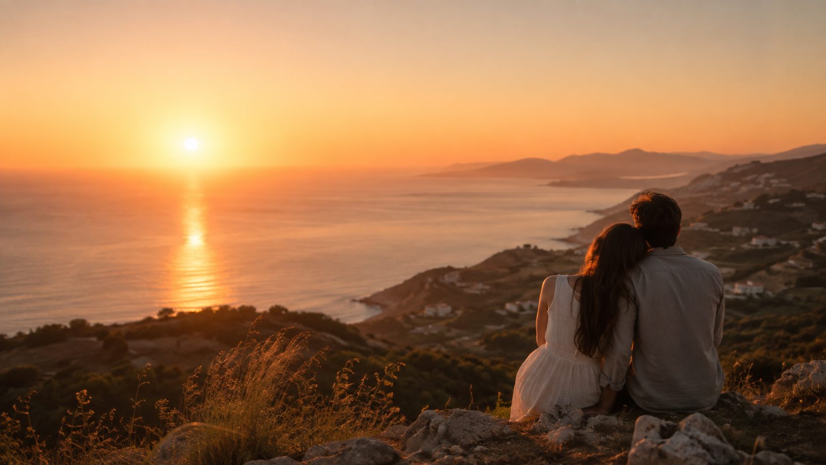 Pareja contemplando el atardecer sobre el mar