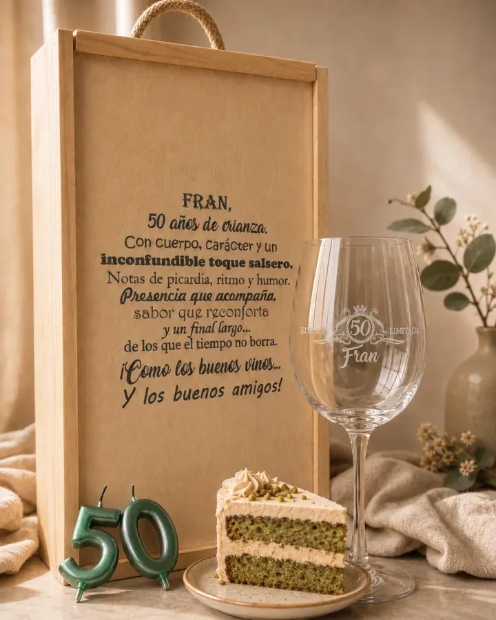 Copa de vino grabada con un nombre junto a un estuche de madera con un mensaje grabado