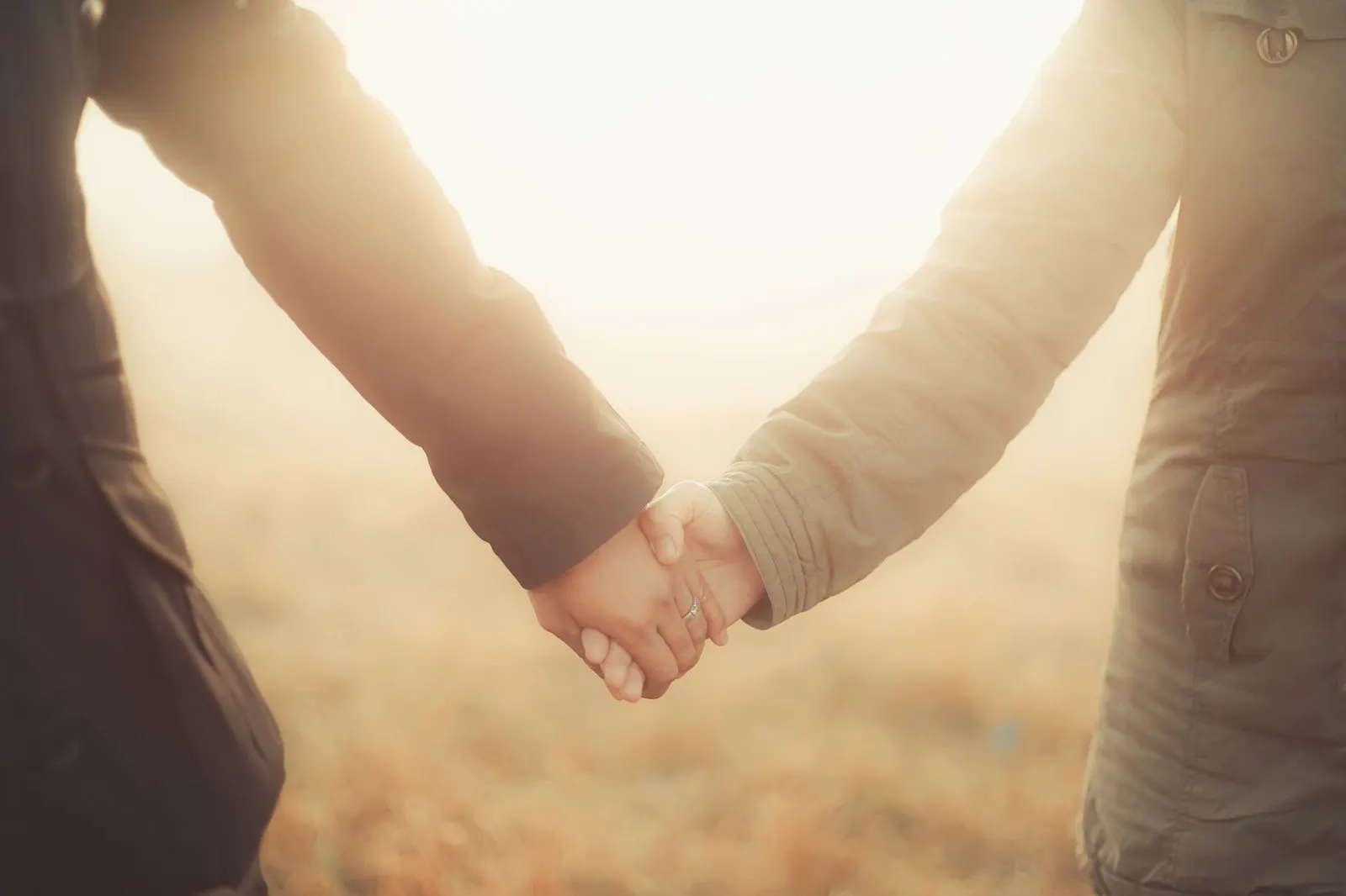 Manos entrelazadas de una pareja a la luz suave de la mañana