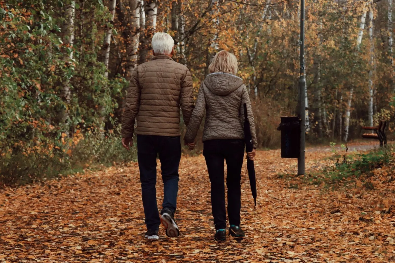 Pareja paseando de la mano por un parque en otoño, Géminis y Capricornio en el amor