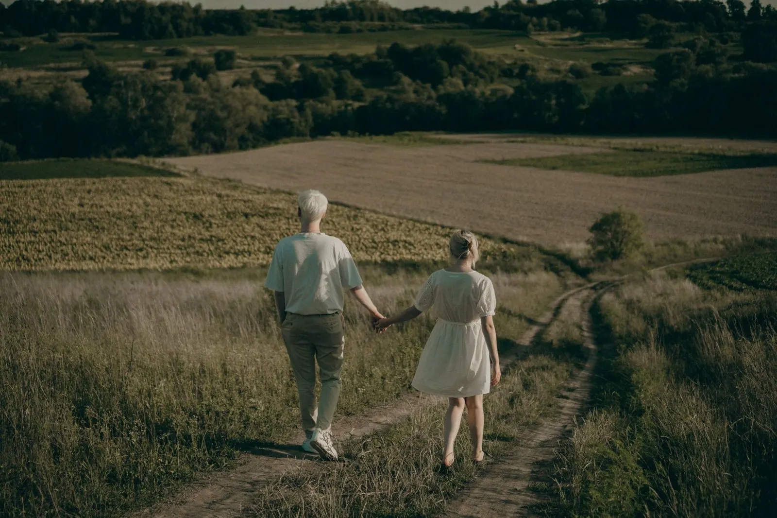 Pareja paseando de la mano por el campo como la pareja ideal de Tauro