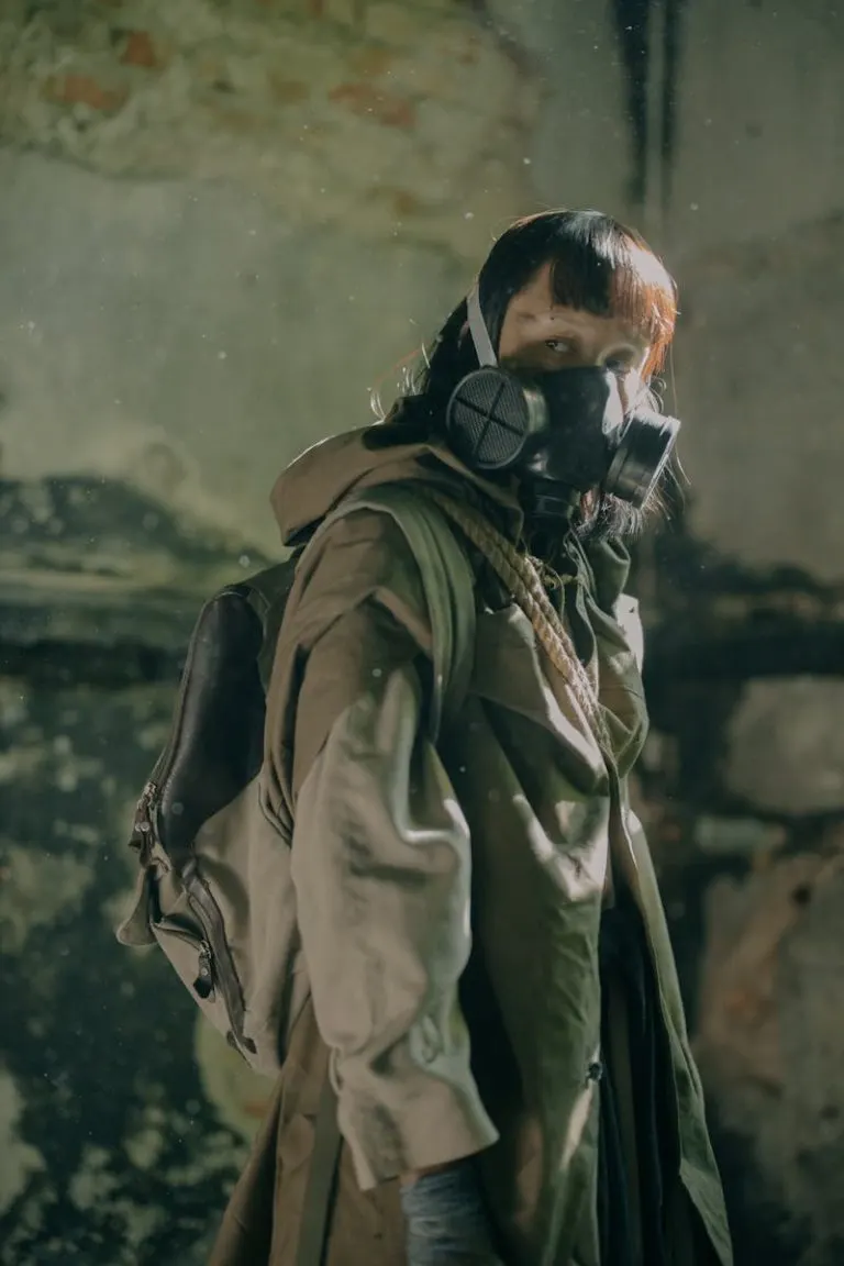 Person wearing a gas mask in an abandoned setting, evoking dystopian themes.