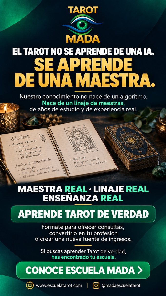Tarot Mada: el tarot no se aprende de una IA, se aprende de una maestra. Aprende tarot de verdad en Escuela Mada, escuelatarot.com